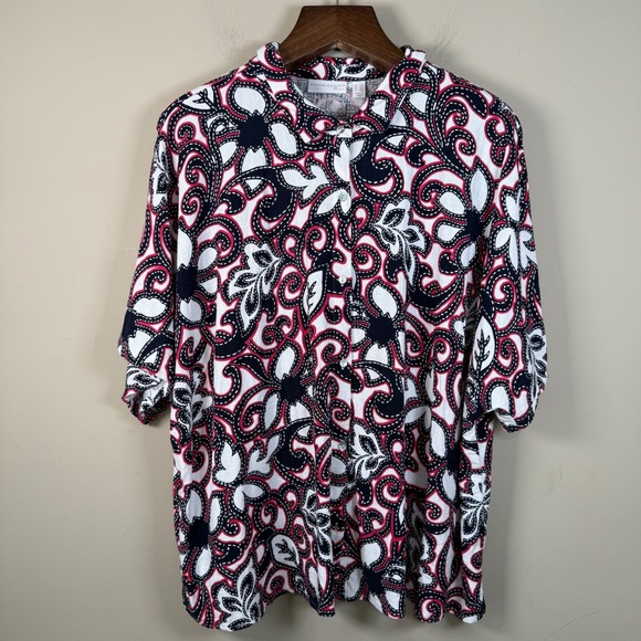 Susan Graver Tops - Susan Graver Pura Floral Navy/Pink/White Button Down Rayon/LinenShirt 2X
